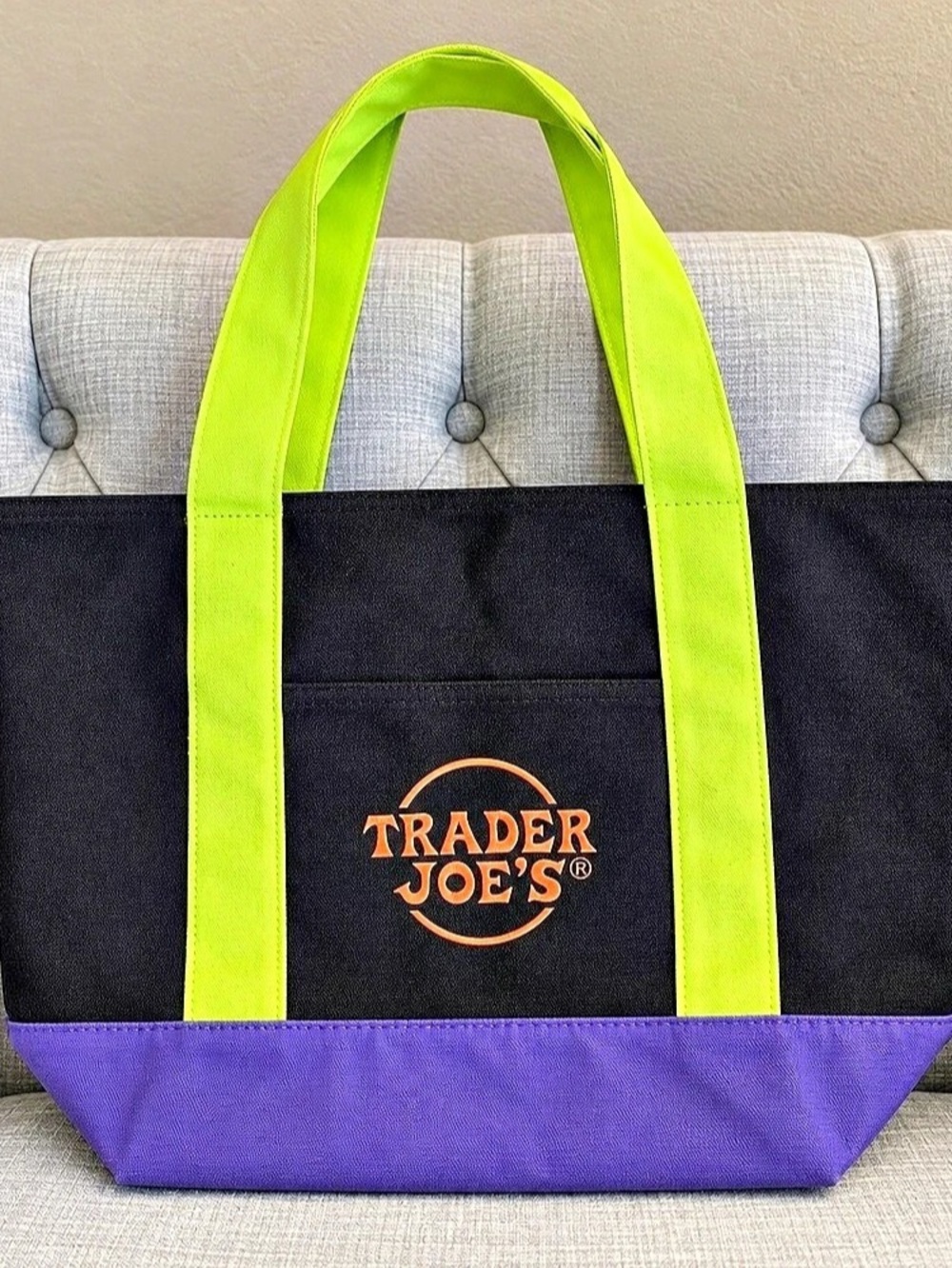 Trader Joe's Trick-or-Treat Mini Canvas Tote Bag Black & Purple